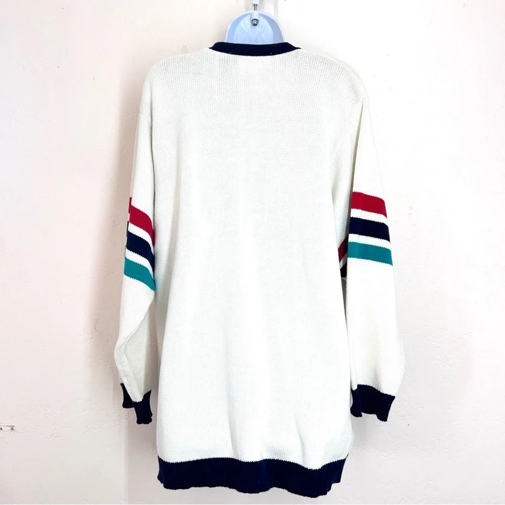 Vintage 80-90s Preppy Collegiate Ivory Crested Striped Cardigan L Princess Diana